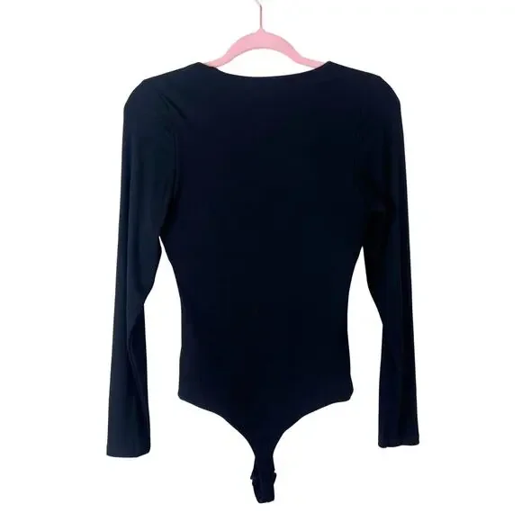 Klassy Network Minimalist Ribbed Bodysuit Black Fitted Long Sleeve V Neck L - Picture 6 of 7